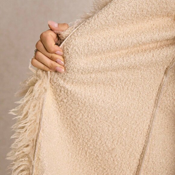 Brown Boho Casual Women's Contrast Shaggy Faux Fur Mid-Length Jacket - Picture 3 of 10